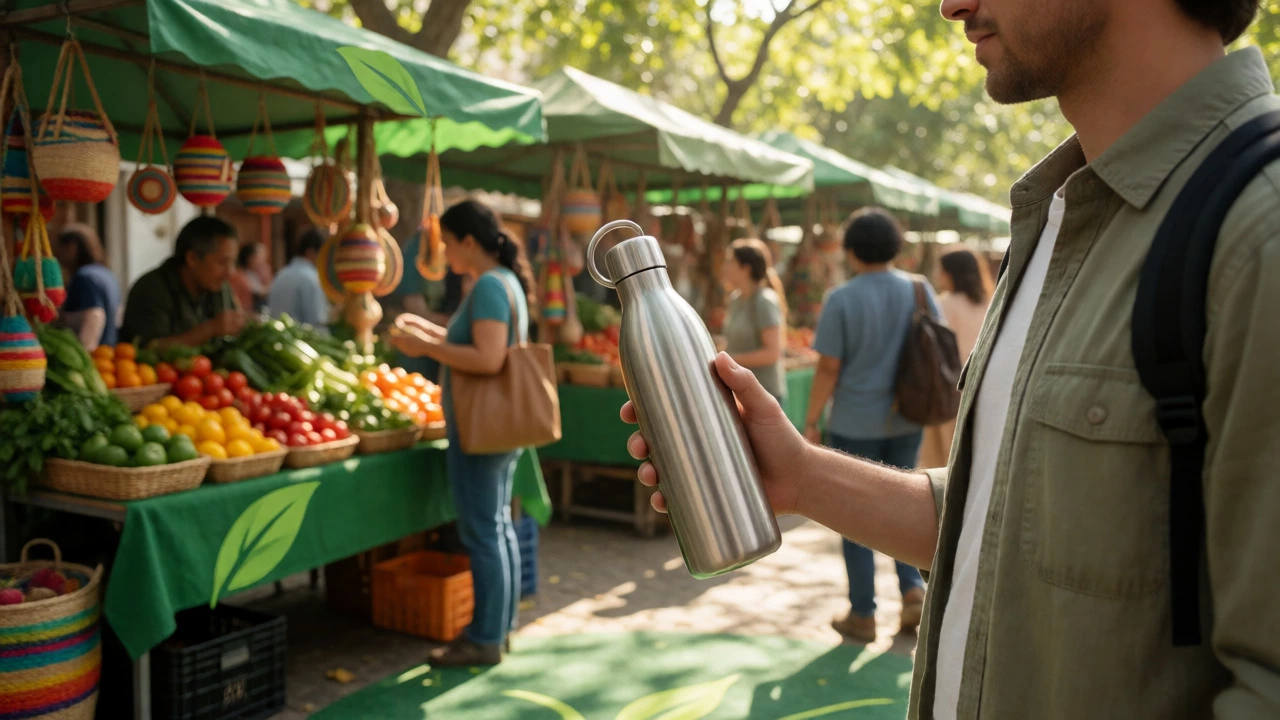 Traveler using a reusable water bottle at a refill station in a local market