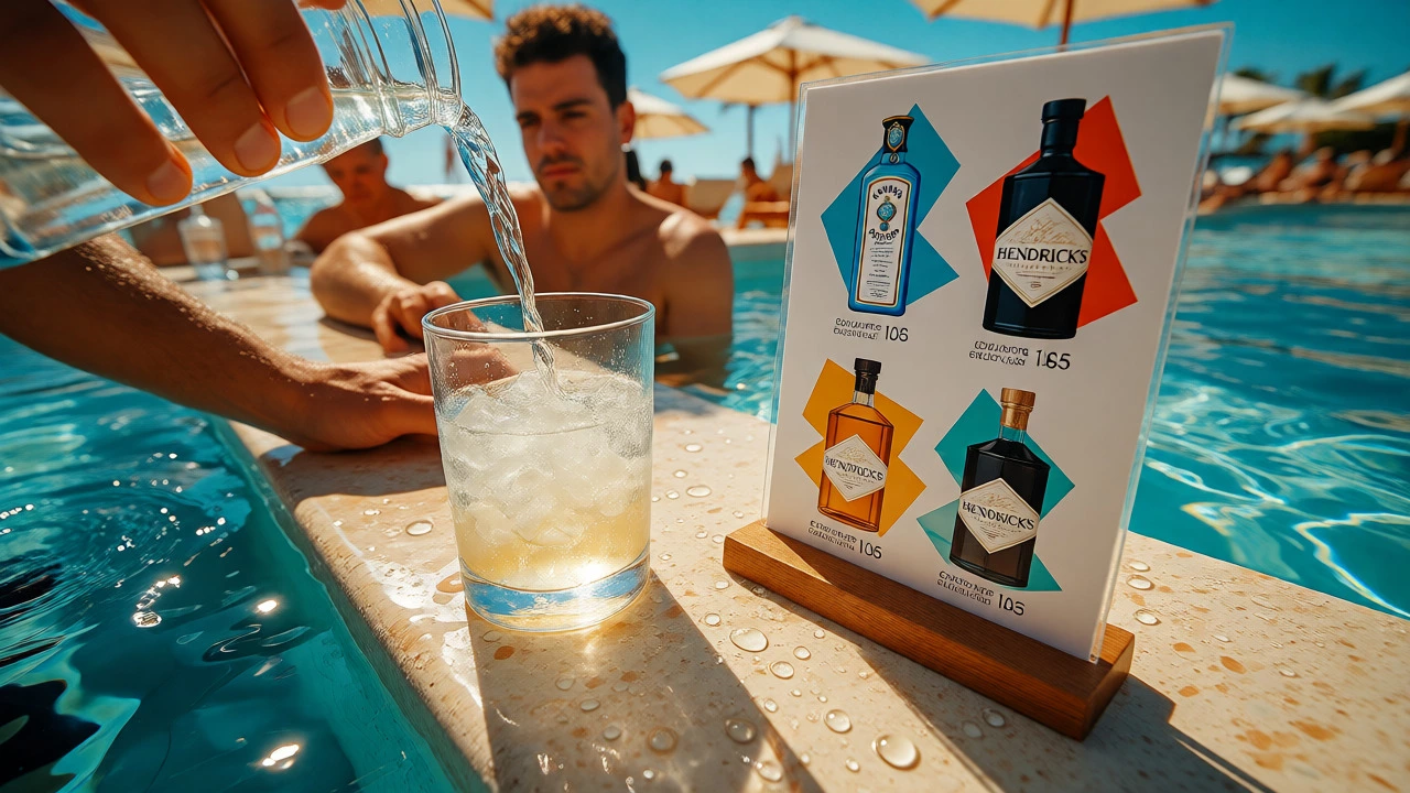 Bartender serving a basic drink at a resort swim-up bar with premium options nearby