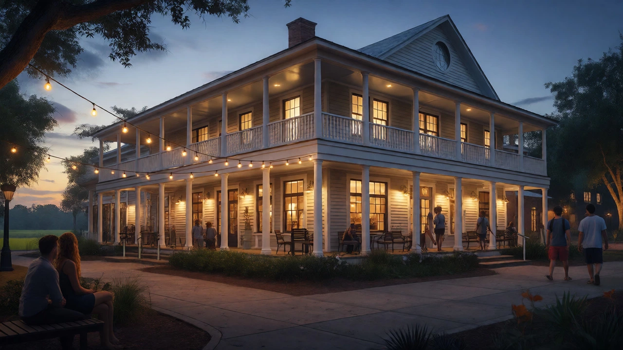 Boutique hotel in Gainesville at dusk with guests relaxing outside