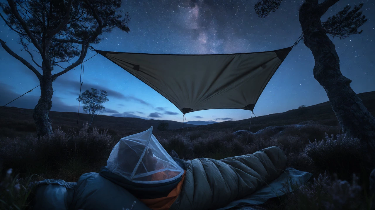 Camper sleeping under stars with head net and tarp in Scottish Highlands