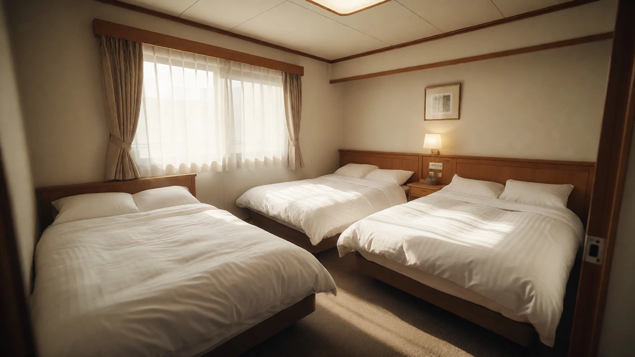 Compact hotel quad room with two double beds and efficient layout