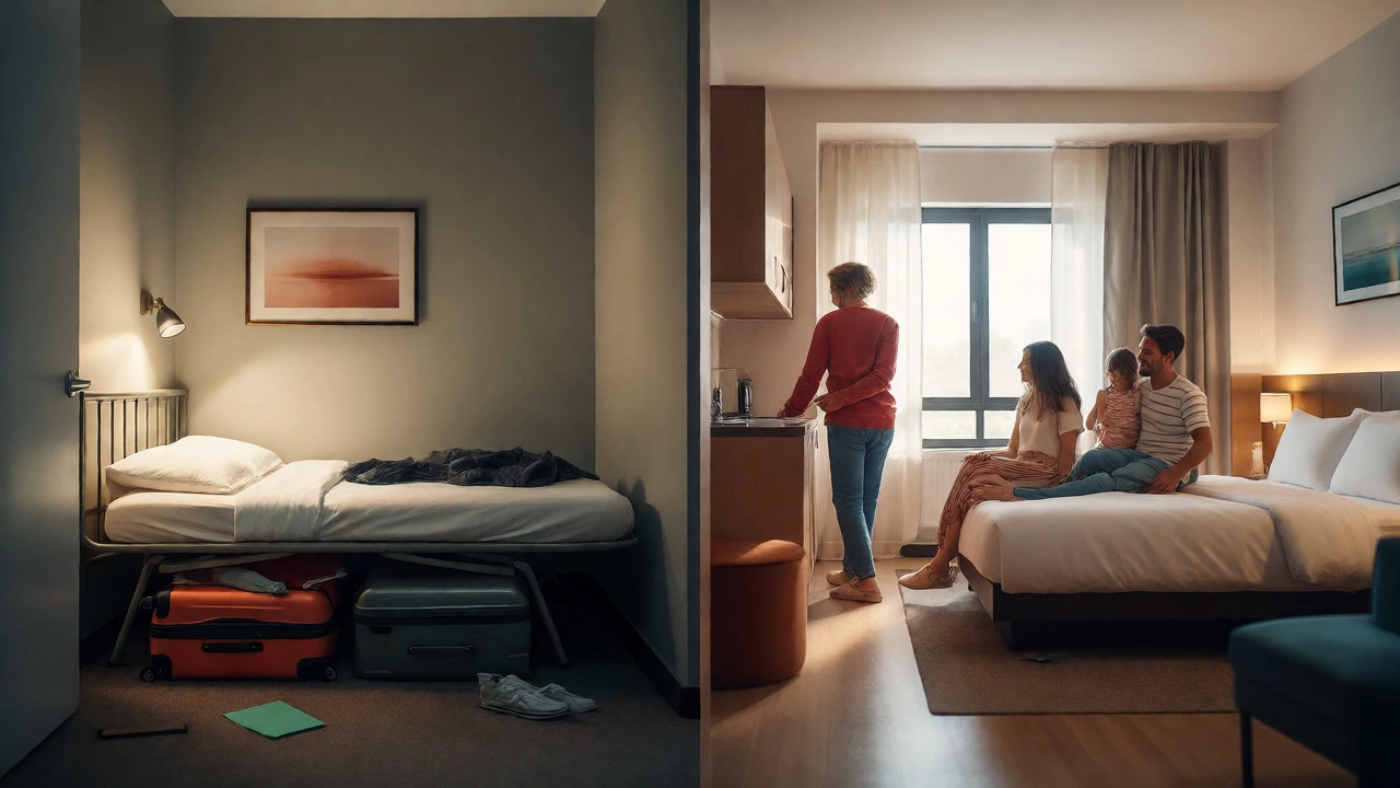 Comparison of cramped hotel room versus spacious family suite