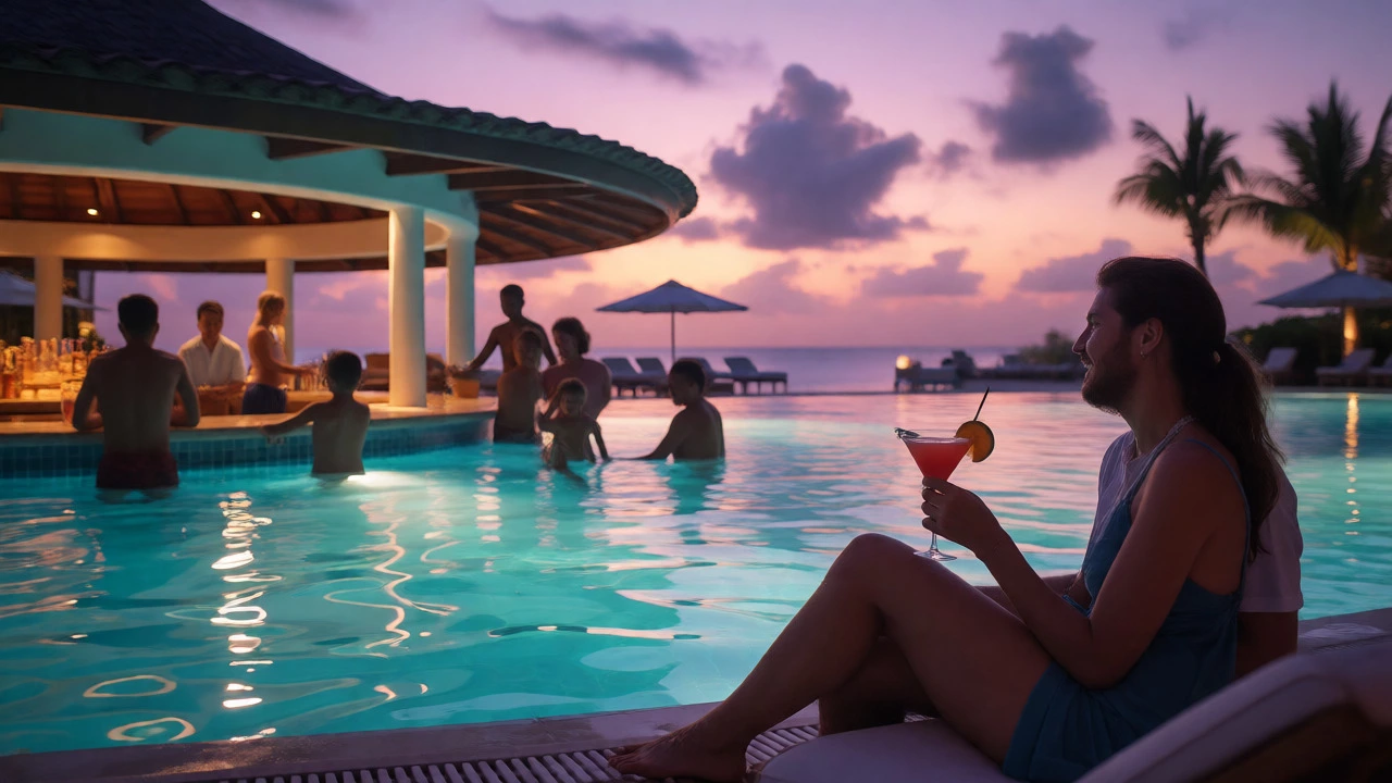 Couple relaxing by pool at sunset at an all-inclusive resort