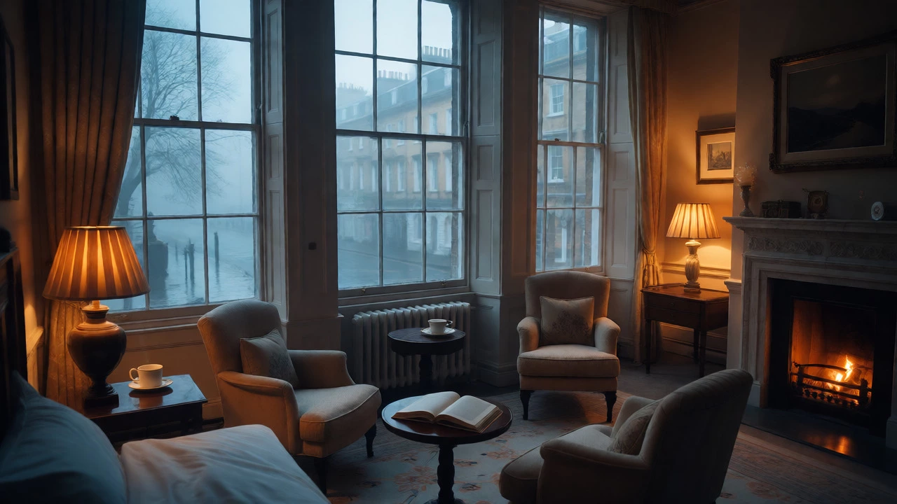Cozy luxury hotel room interior with fireplace view of foggy Georgian street
