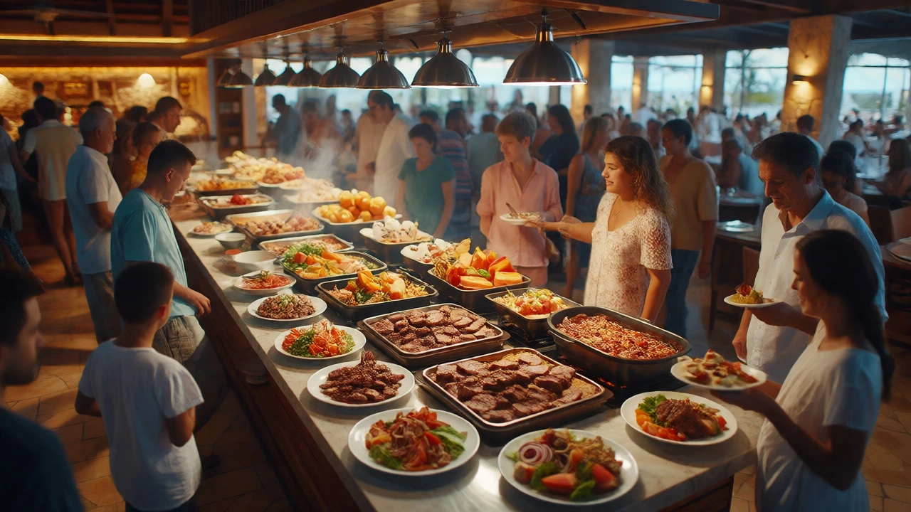Crowded all-inclusive buffet with abundant food options