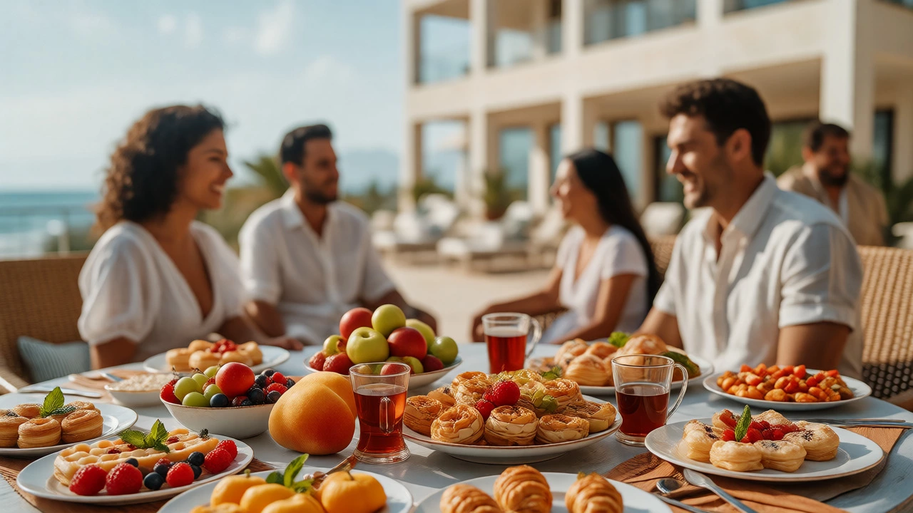 Family enjoying buffet meal on sunny terrace at budget holiday resort