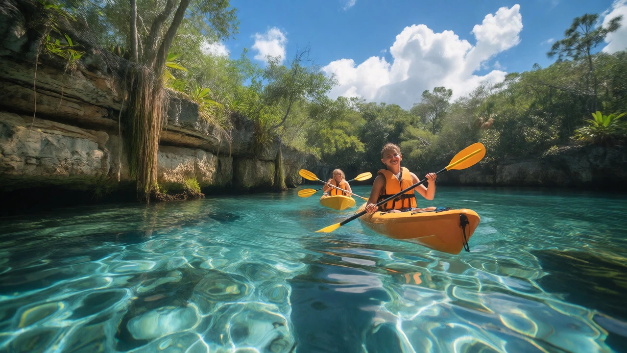 Family kayaking in clear turquoise waters of Silver Springs State Park