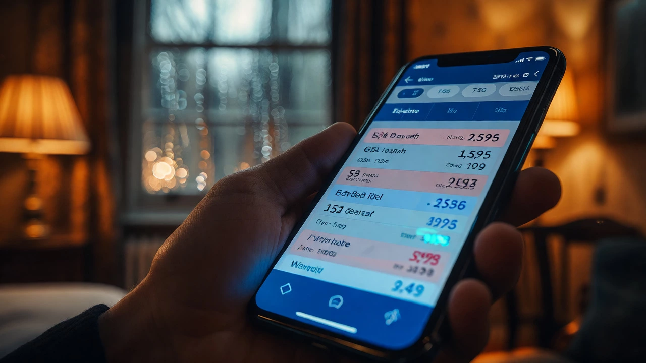 Hand holding phone showing changing prices with a cozy rainy hotel room in the background.