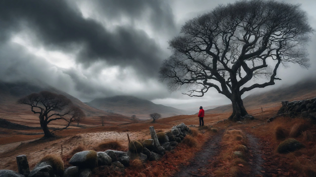 Lone hiker in red viewing stark November landscape in UK national park