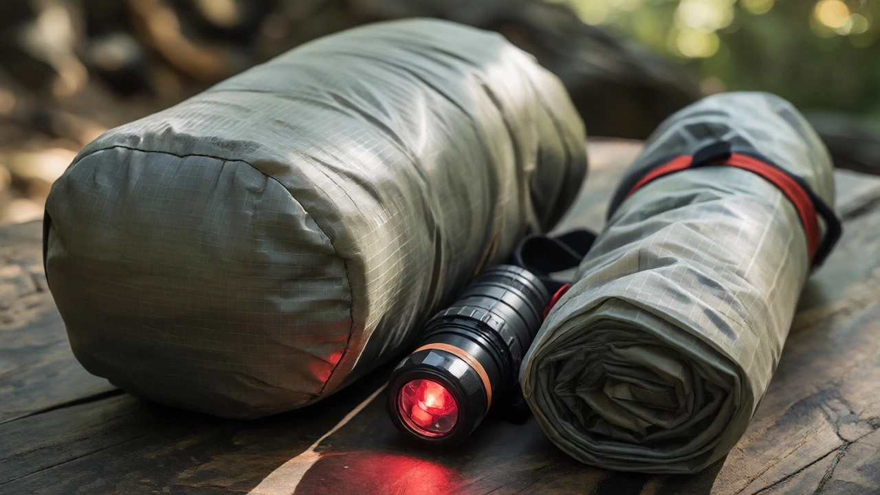 Minimalist cowboy camping gear including sleeping bag and tarp on a surface