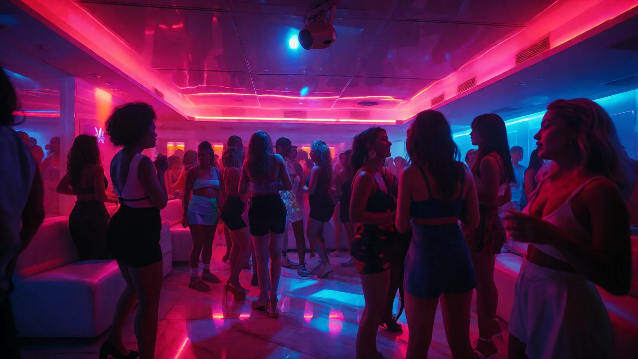 Neon-lit Miami nightclub interior with stylish crowds dancing at night