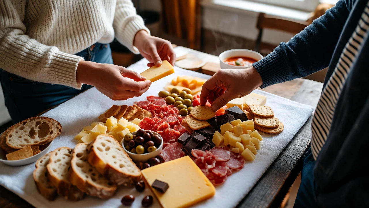 Partners preparing a gourmet charcuterie board together in a cottage kitchen.