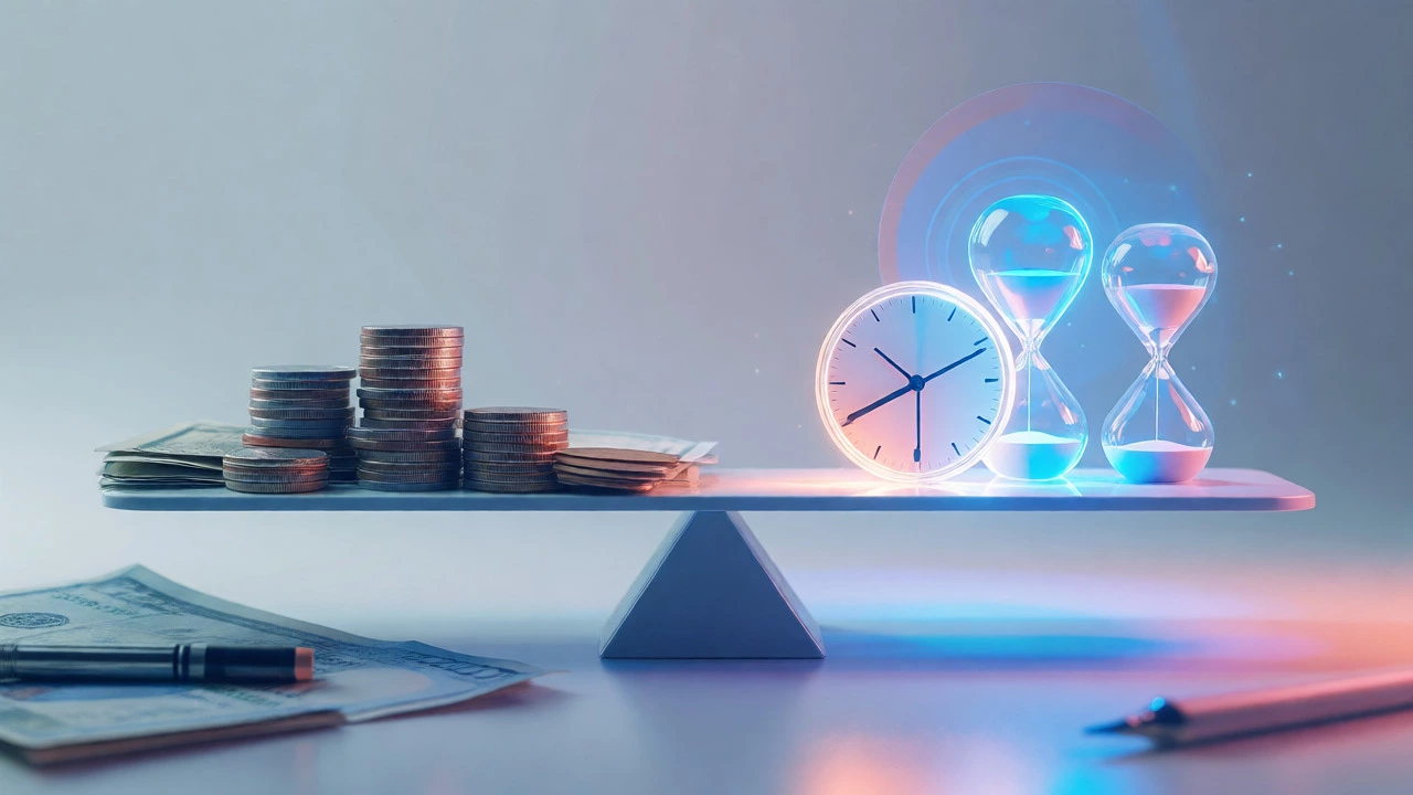 Scales balancing coins against glowing clocks to represent time vs money