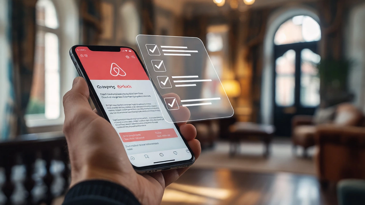 Smartphone showing verified listing with checklist overlay in historic interior
