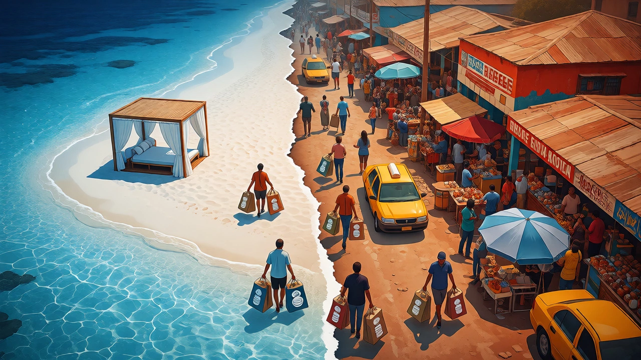 Split view contrasting an isolated resort beach with a bustling local town