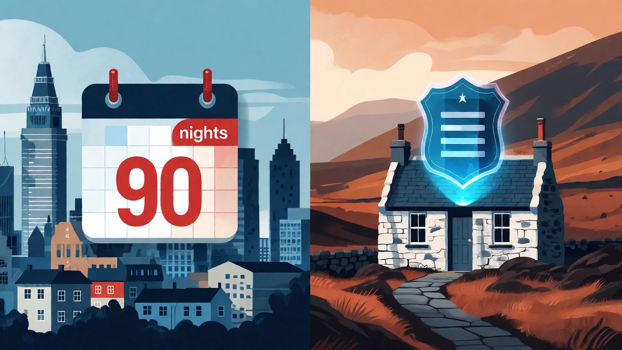 Split view of London skyline and Scottish cottage with license icon