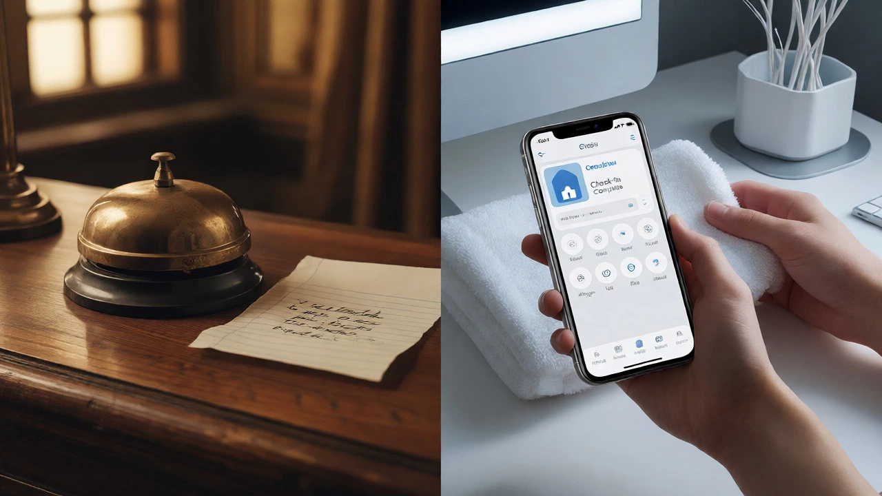 Split view showing classic concierge items alongside a modern smartphone app for seamless hotel tech integration.