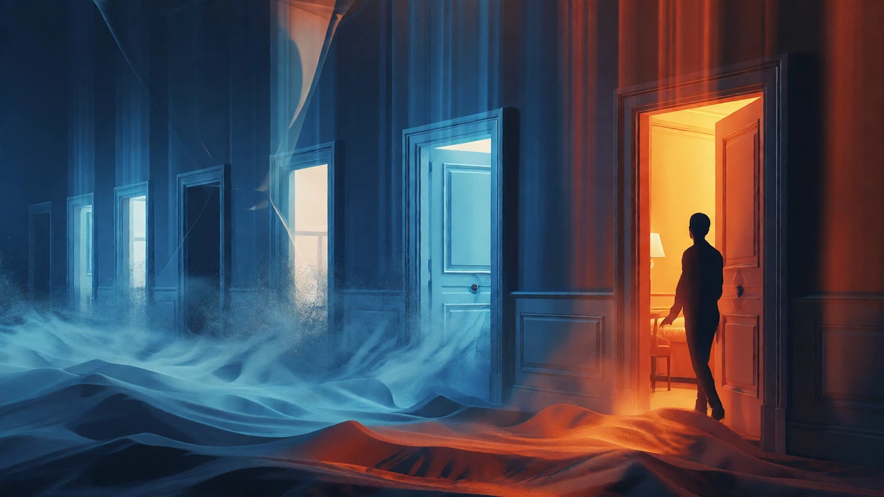 Surreal visualization of hotel rooms dissolving into mist, representing perishable inventory and lost revenue.