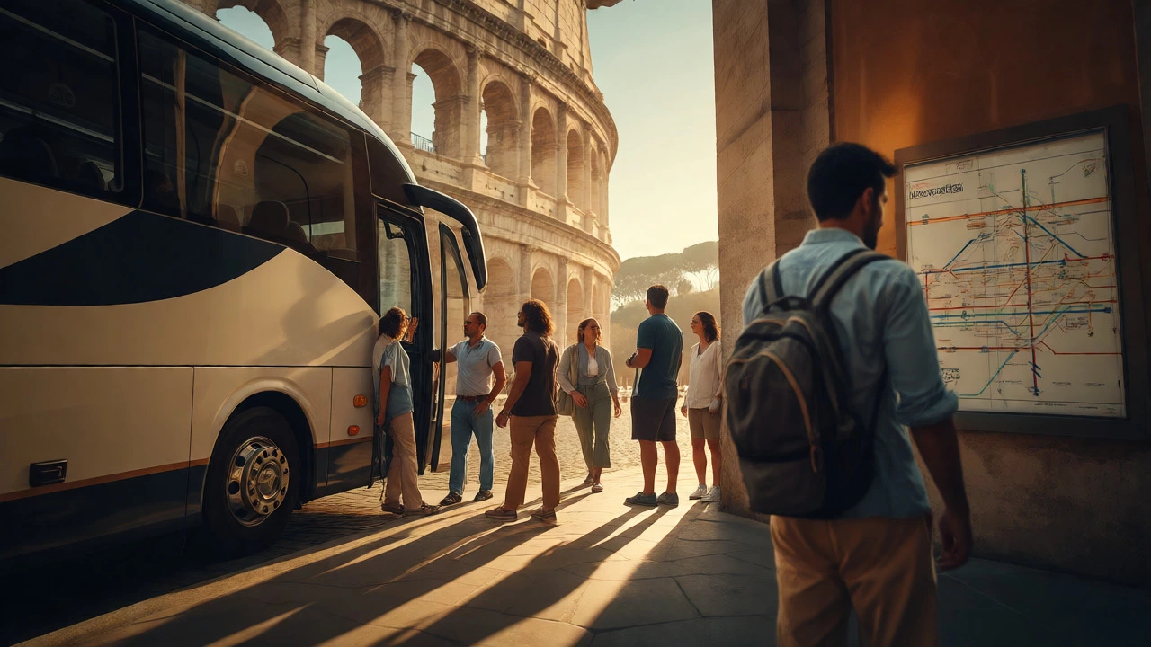 Tourists exiting a coach bus while a solo traveler checks a transit map