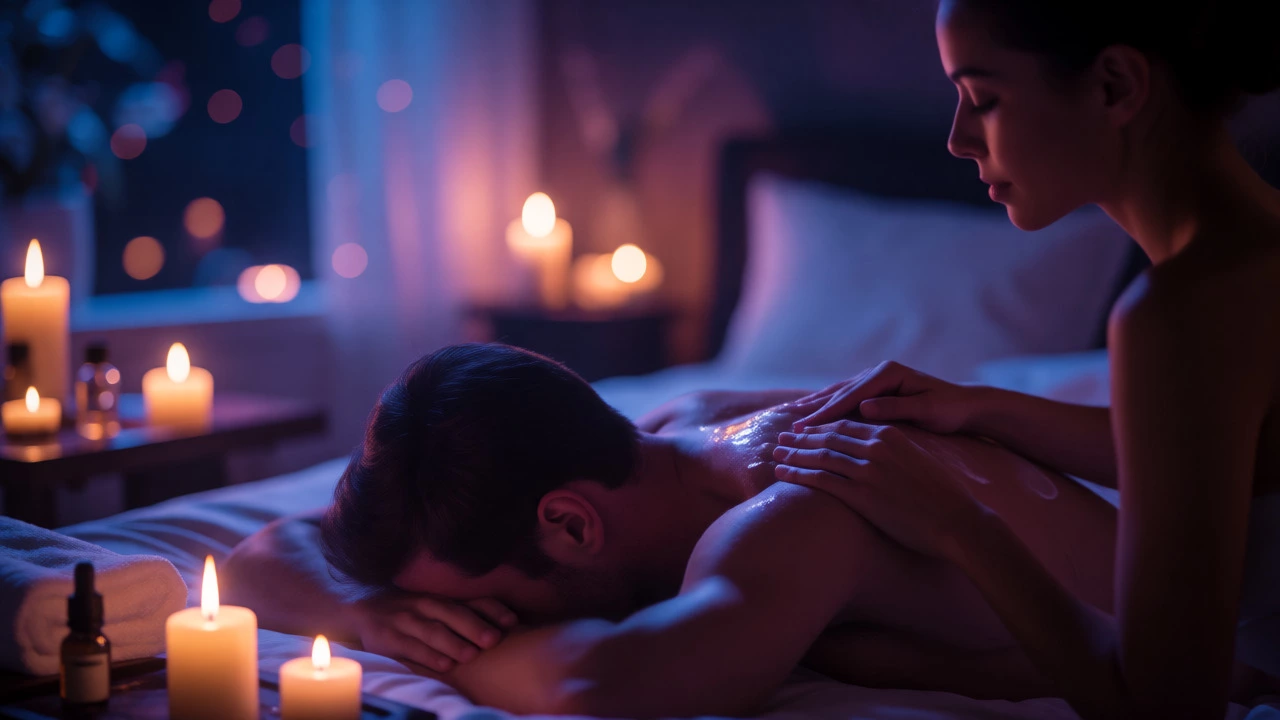 Woman giving a shoulder massage to her partner in a candlelit, spa-like bedroom.