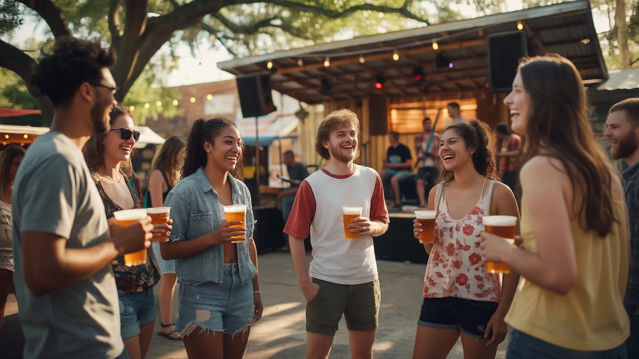 Young adults socializing casually at an Austin brewery with live music nearby